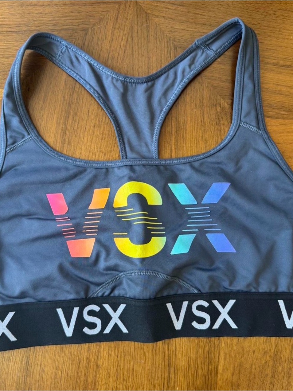 Victoria's Secret Gray Racerback Sports Bra with Rainbow VSX Logo